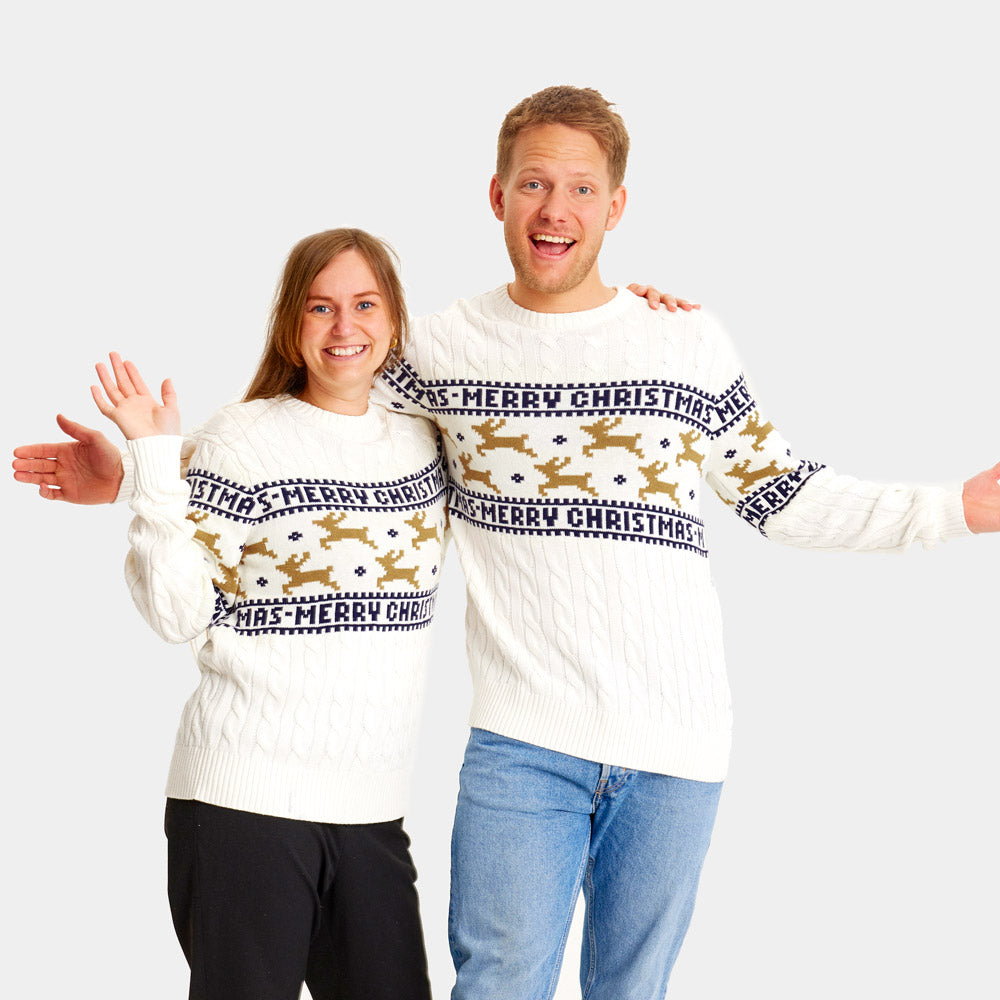 Pull de Noël Chic pour Couple Blanc avec Rennes Coton Bio