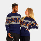 Pull de Noël Chic Bleu avec Rennes Coton Bio Couple