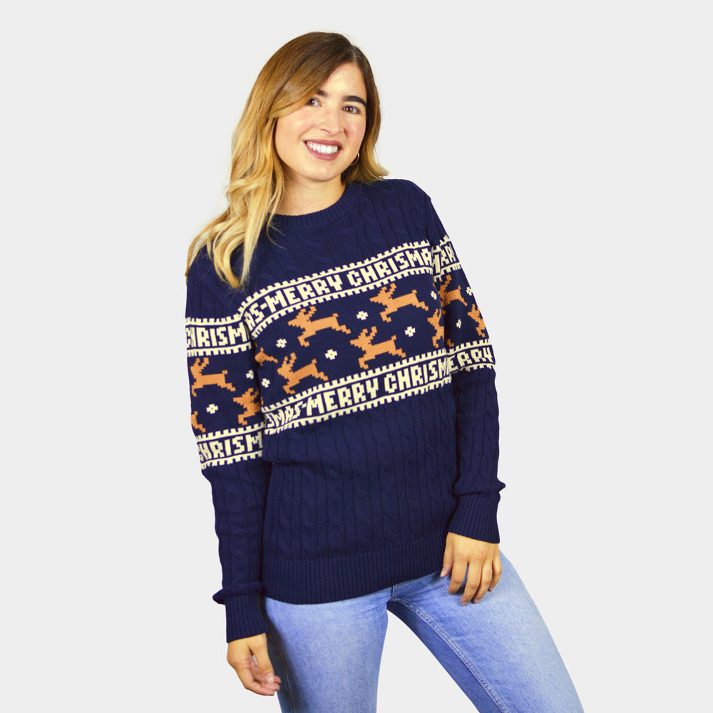 Pull de Noël Chic pour Couple Bleu avec Rennes Coton Bio femme