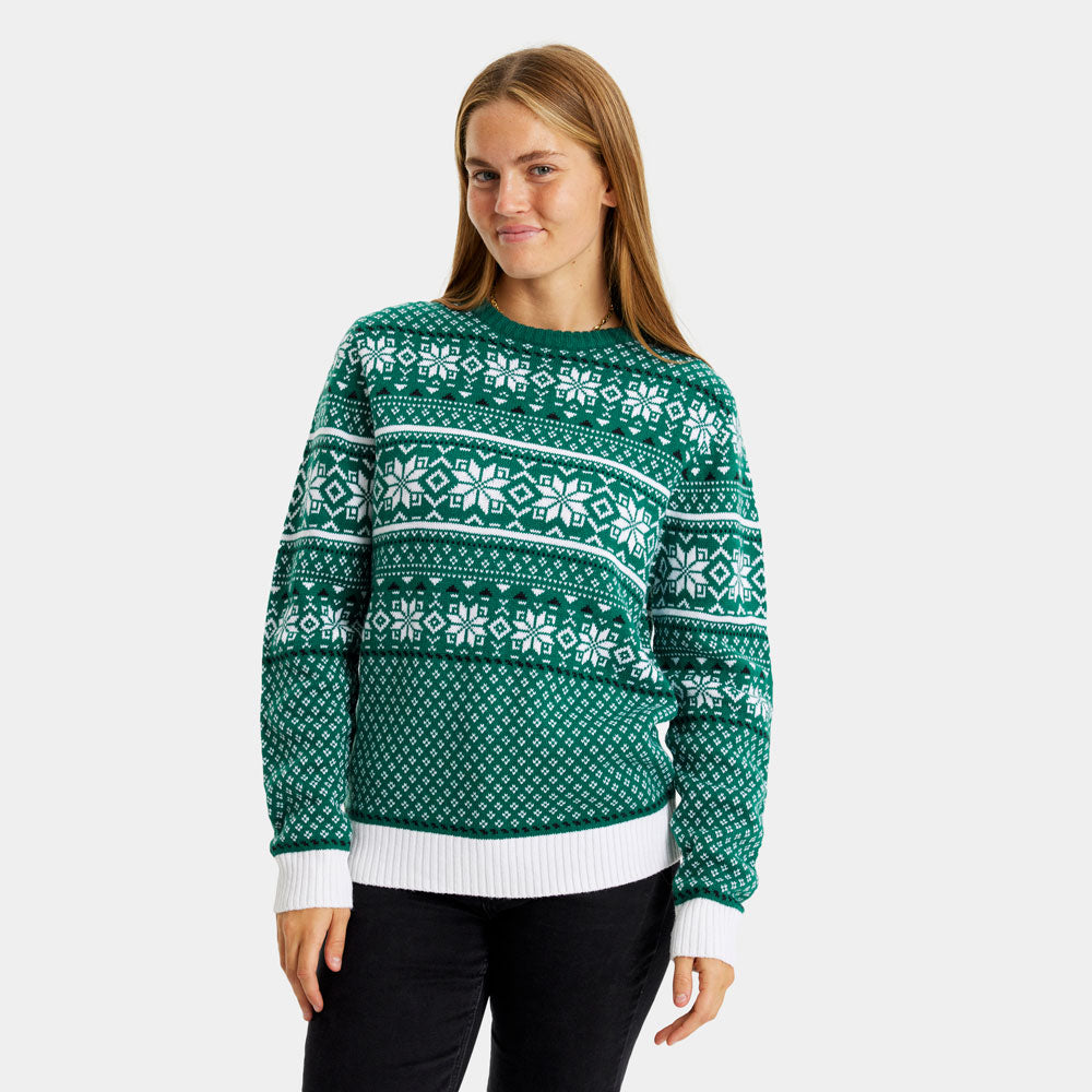 Pull de Noël Chic pour Couple Classique Vert et Blanc femme