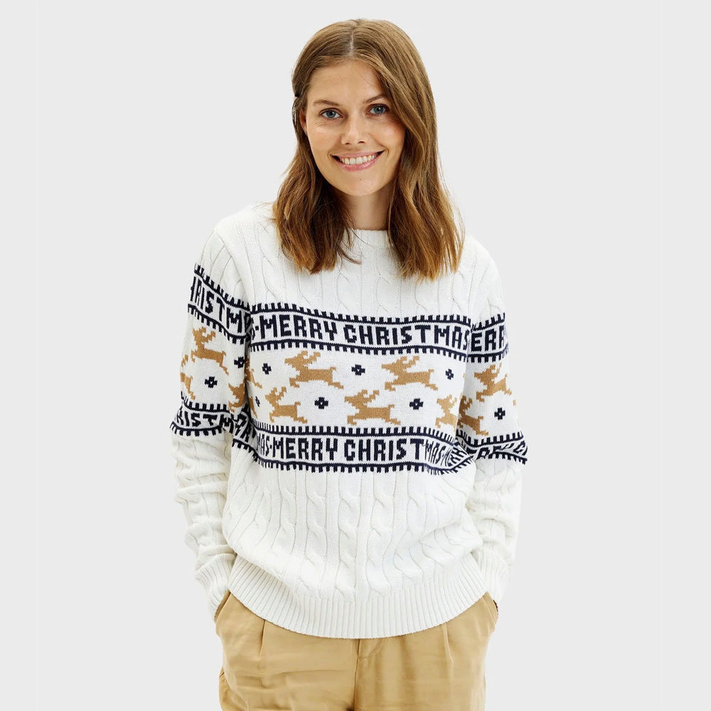 Pull de Noël Chic pour Femme Blanc avec Rennes Coton Bio