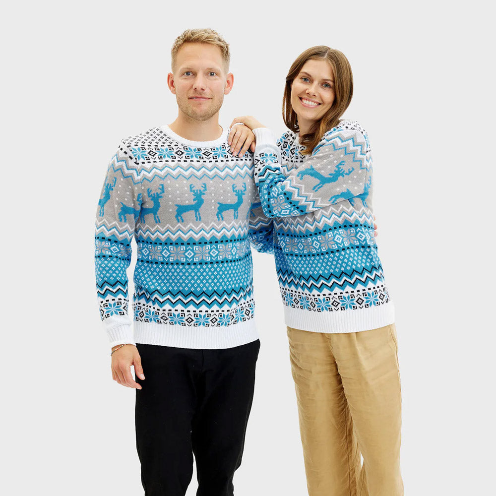 Pull de Noël Chic Femme Homme Blanc, Gris et Bleu avec Rennes
