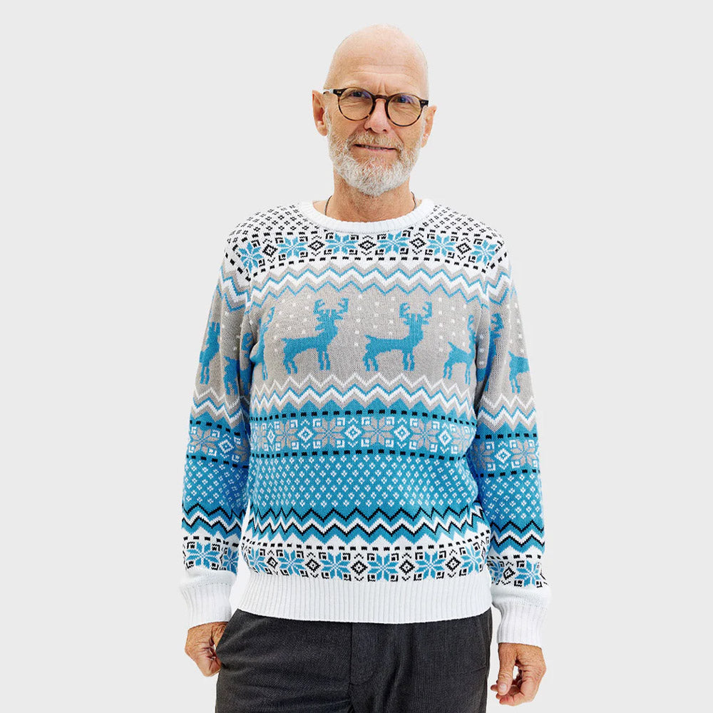 Pull de Noël Chic Homme Blanc, Gris et Bleu avec Rennes
