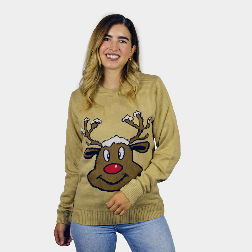 Pull de Noël pour Couple Beige avec Renne Souriant femme