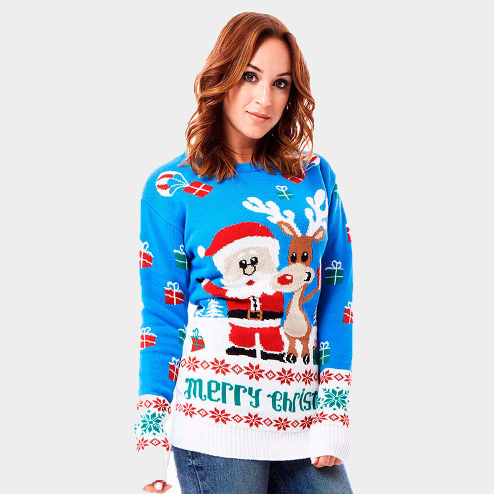 Pull de Noël pour Couple Bleu Ciel avec Rudolph le Renne et Père Noël femme