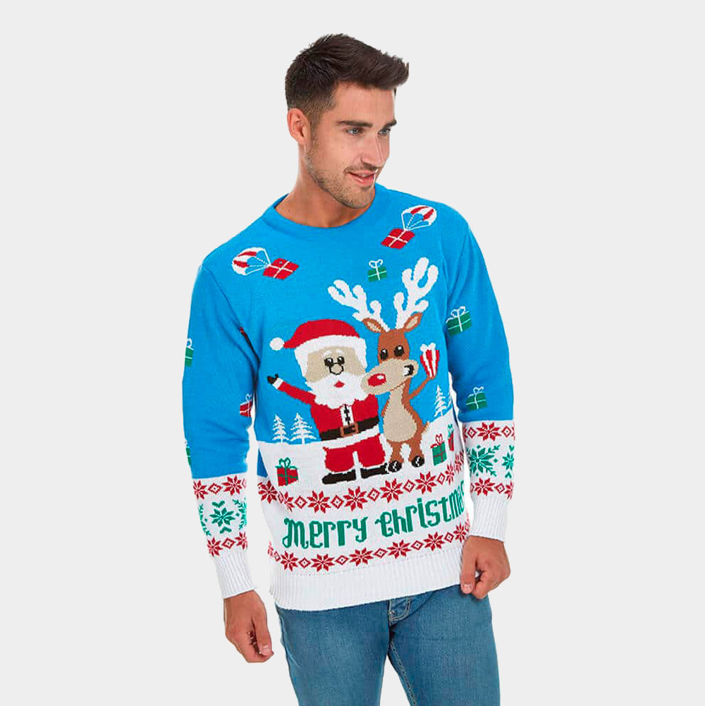 Pull de Noël pour Couple Bleu Ciel avec Rudolph le Renne et Père Noël homme