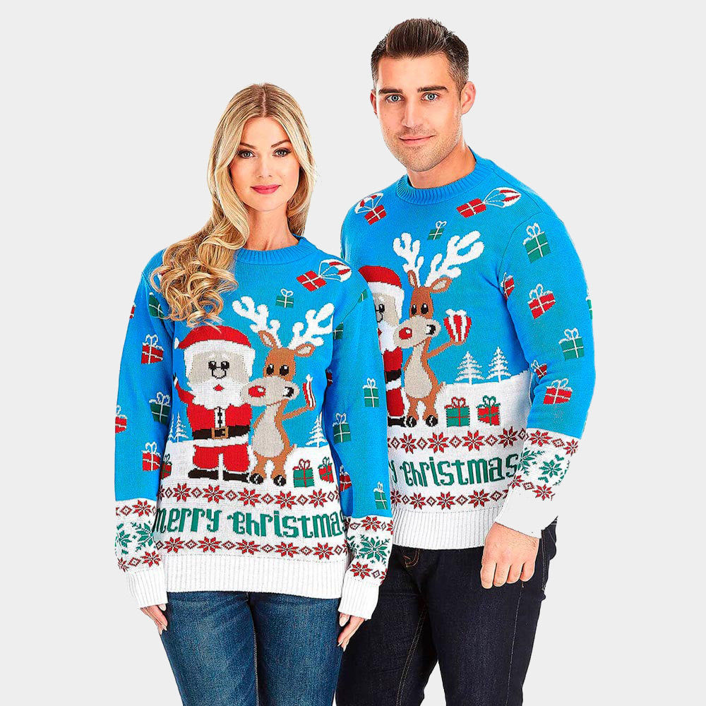 Pull de Noël pour Couple Bleu Ciel avec Rudolph le Renne et Père Noël