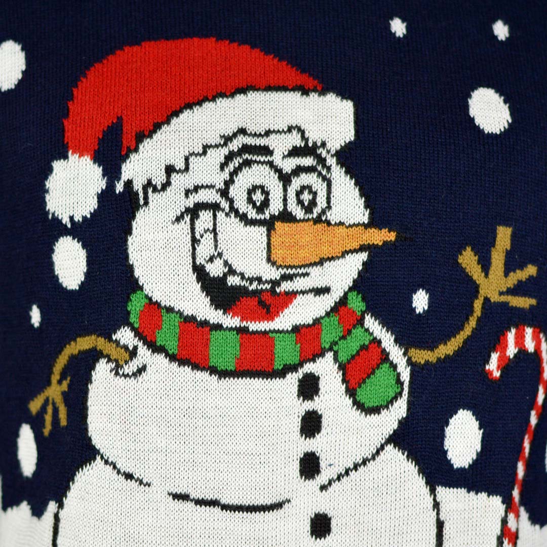 Pull de Noël pour Couple Bleu Marine avec Bonhomme de Neige detail