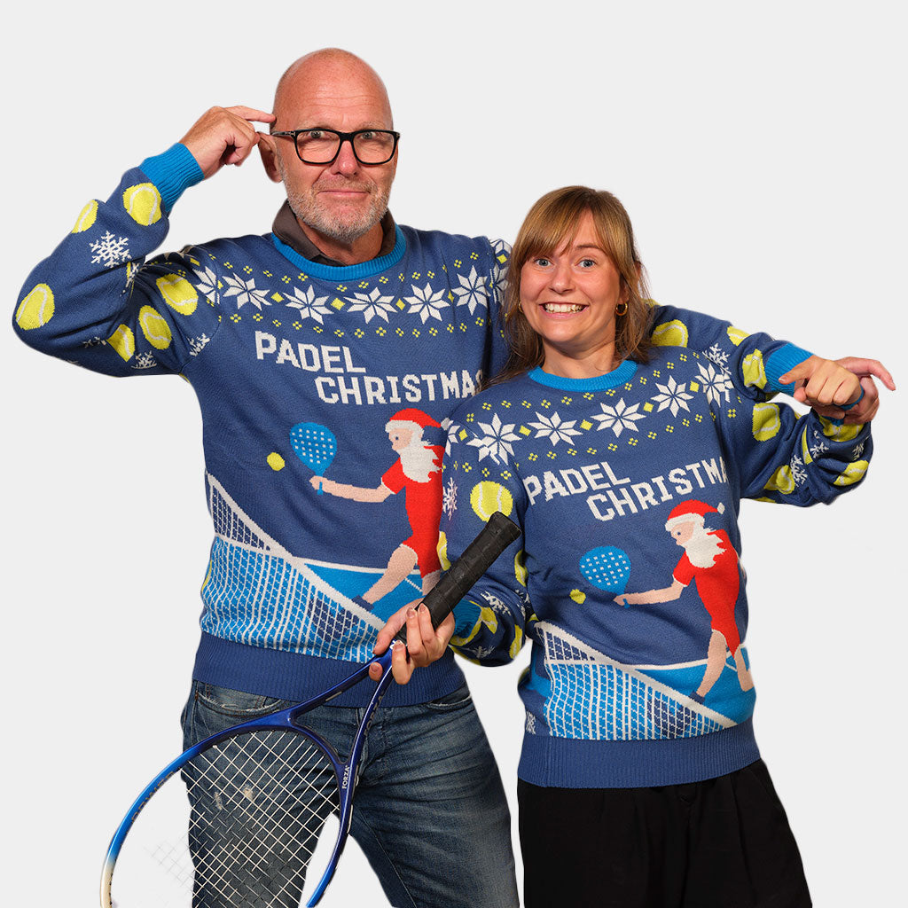 Pull de Noël pour Couple Bleu Padel Christmas