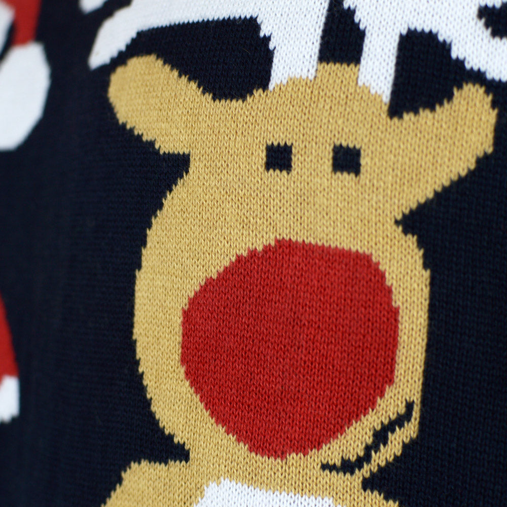Pull de Noël pour Couple Bleu Père Noël et Rudolph le Renne detail