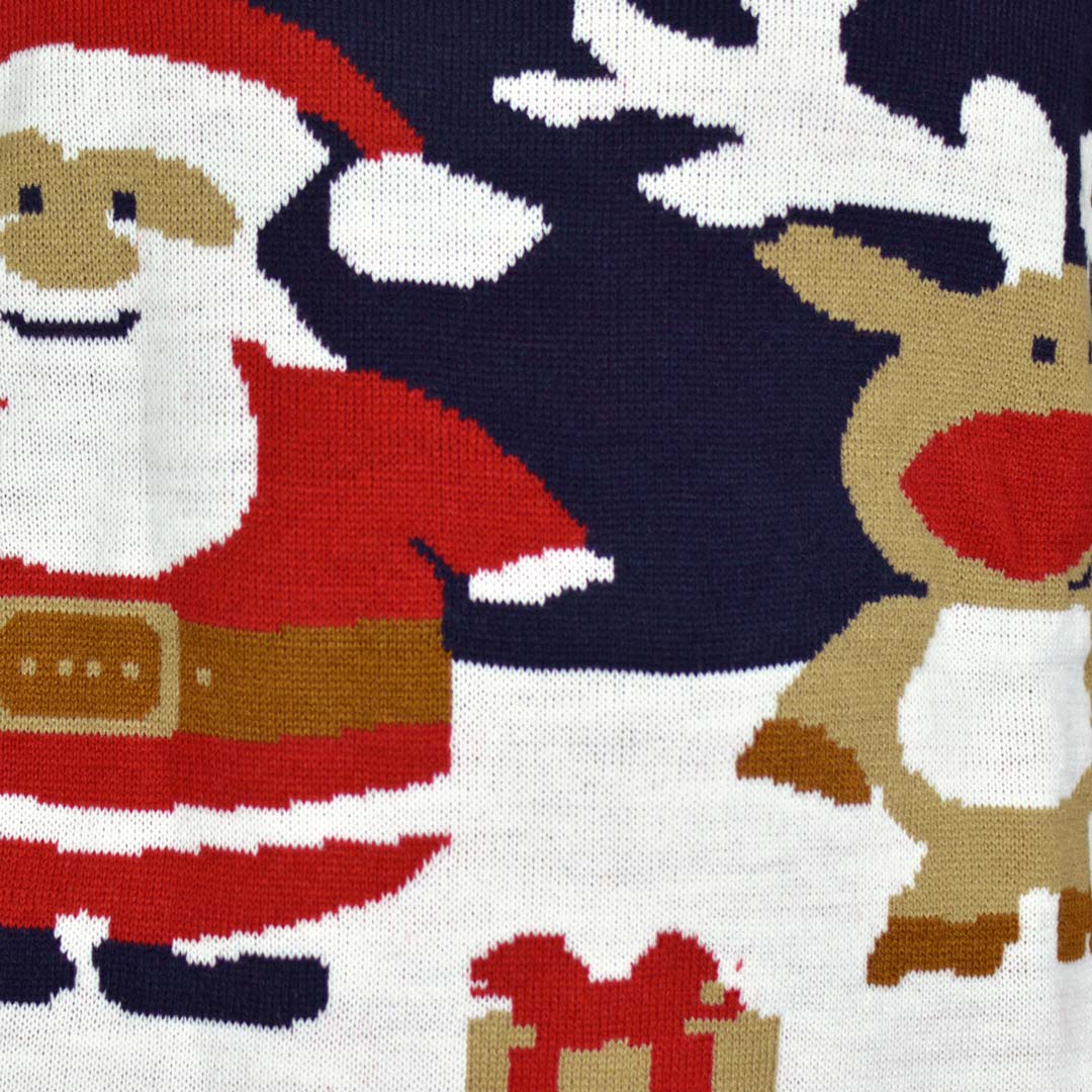 Pull de Noël pour Couple Bleu Père Noël et Rudolph le Renne detail