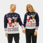 Pull de Noël pour Couple Bleu Père Noël et Rudolph le Renne