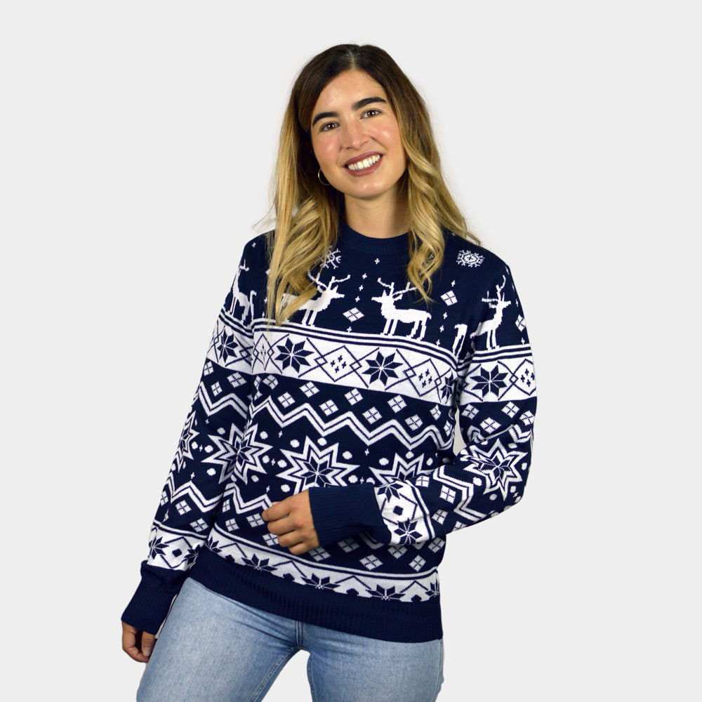 Pull de Noël pour Couple Bleu avec Renne et Étoile Nordique femme