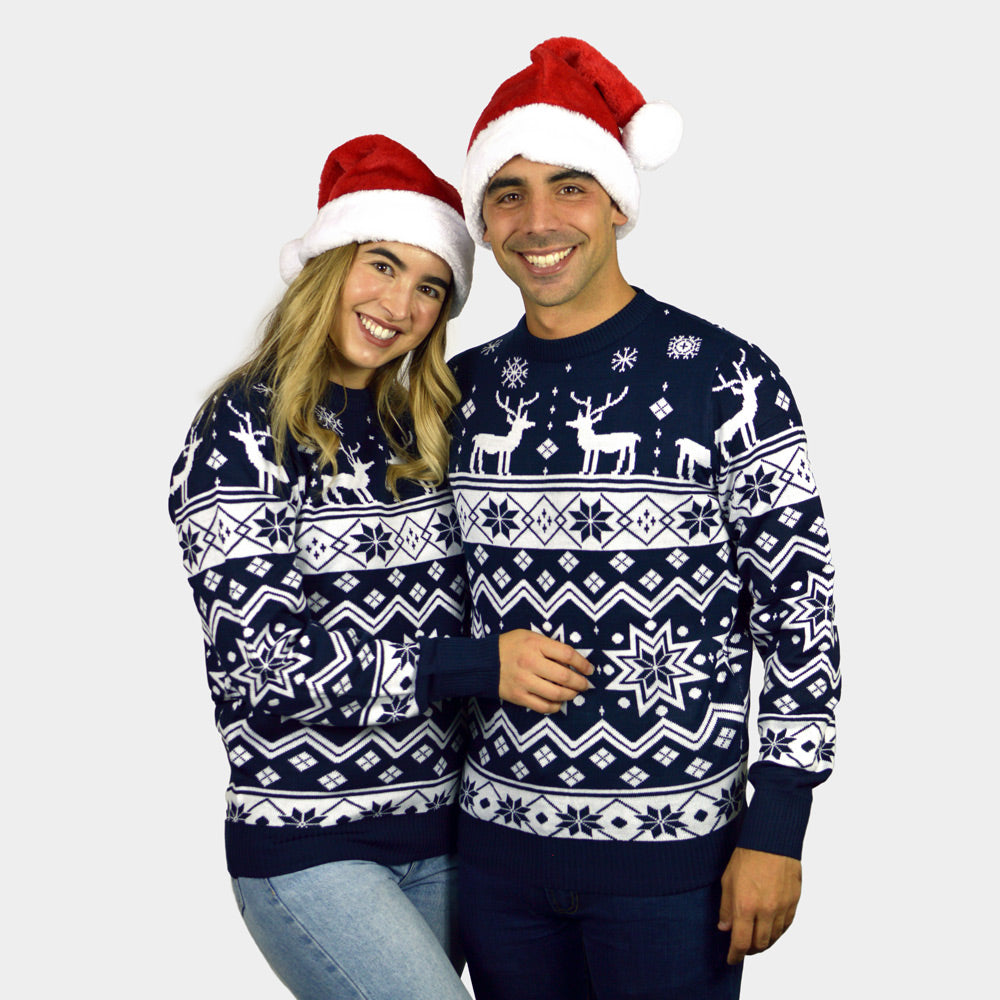 Pull de Noël pour Couple Bleu avec Renne et Étoile Nordique