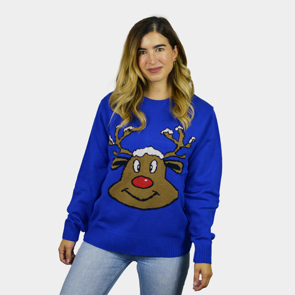 Pull de Noël pour Couple Bleu avec Renne Souriant femme