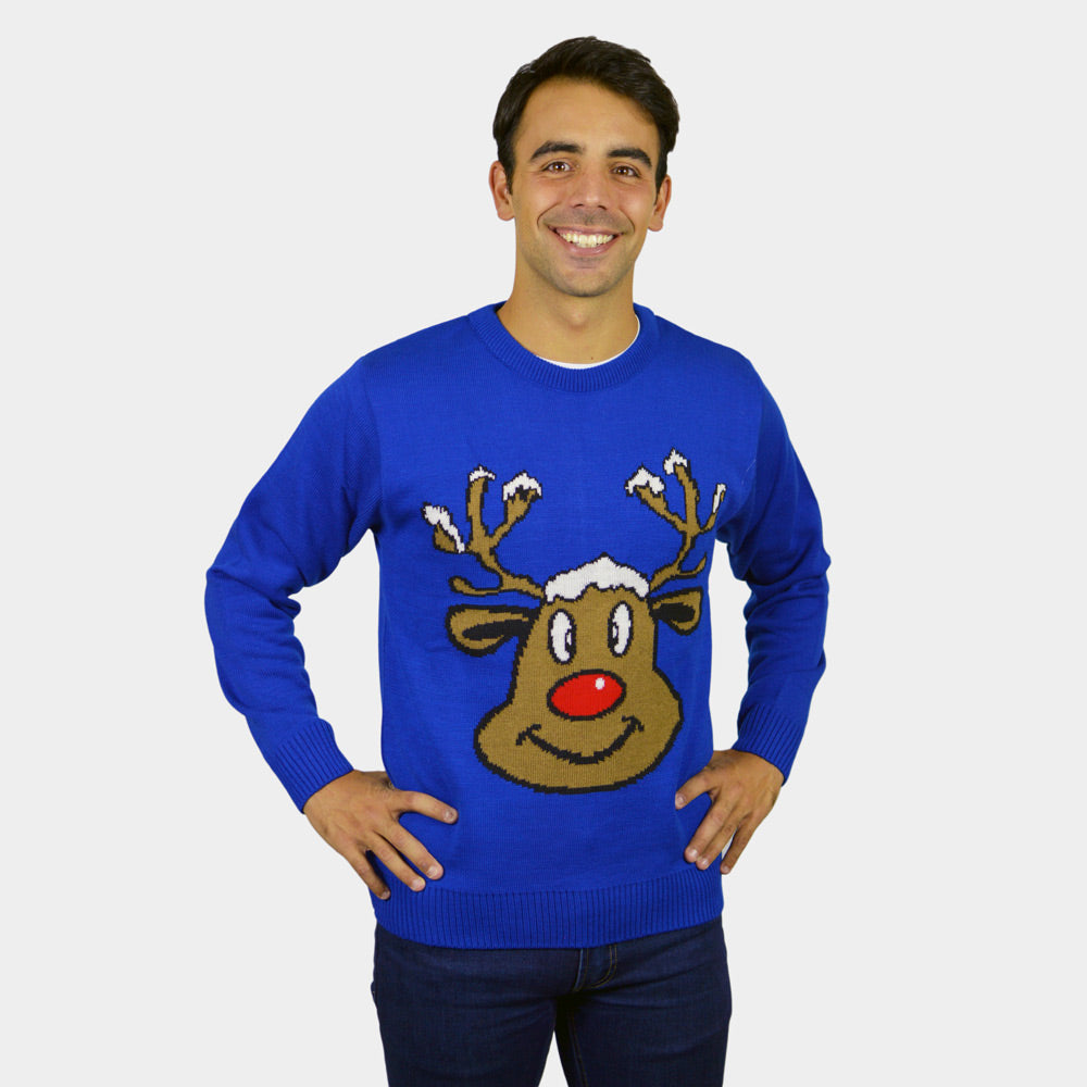 Pull de Noël pour Couple Bleu avec Renne Souriant homme