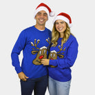 Pull de Noël pour Couple Bleu avec Renne Souriant