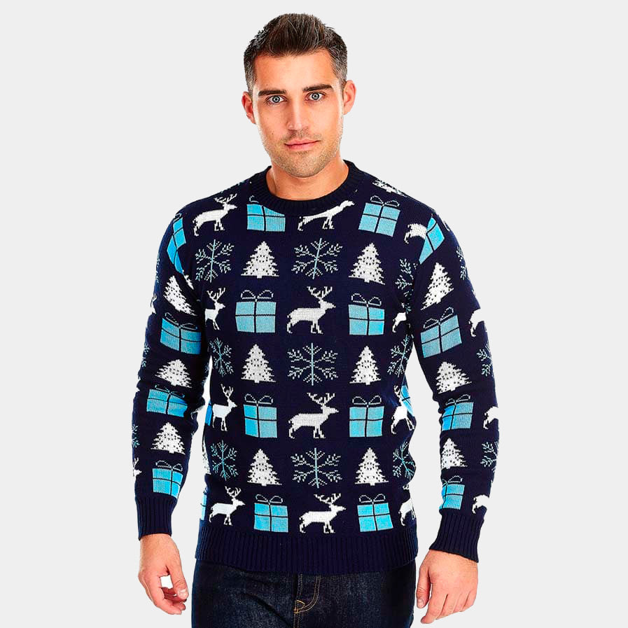 Pull de Noël pour Couple Bleu avec Rennes, Cadeaux et Sapins homme