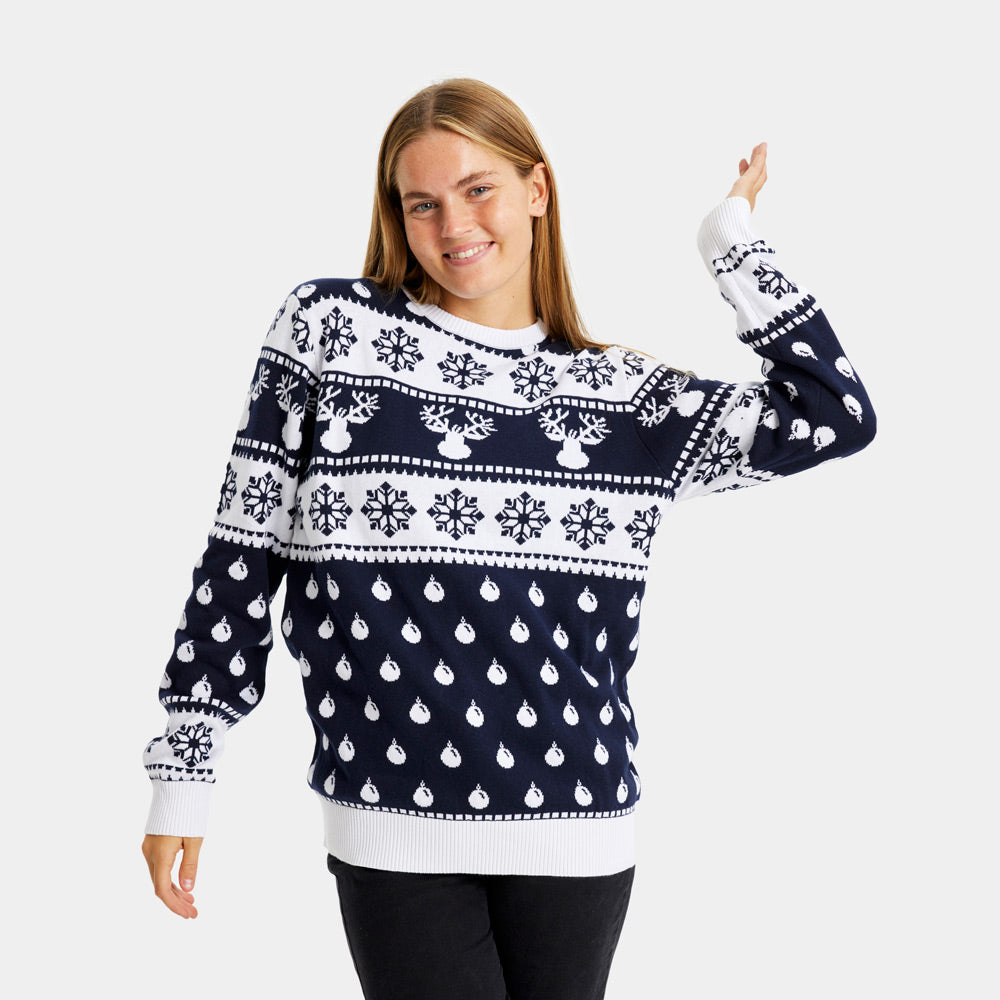 Pull de Noël pour Couple Bleu avec Rennes et Neige femme