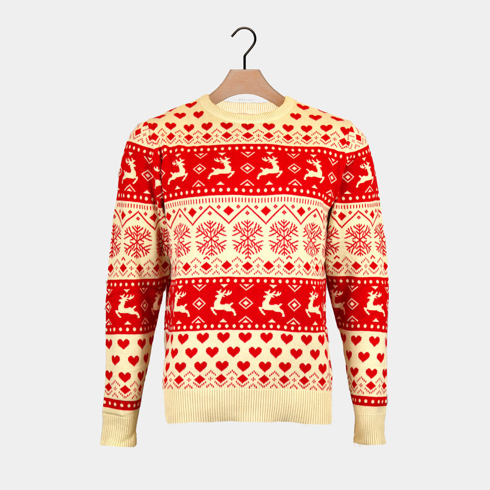 Pull de Noël pour Couple avec Cœurs et Beige Coton Bio Rouges 

