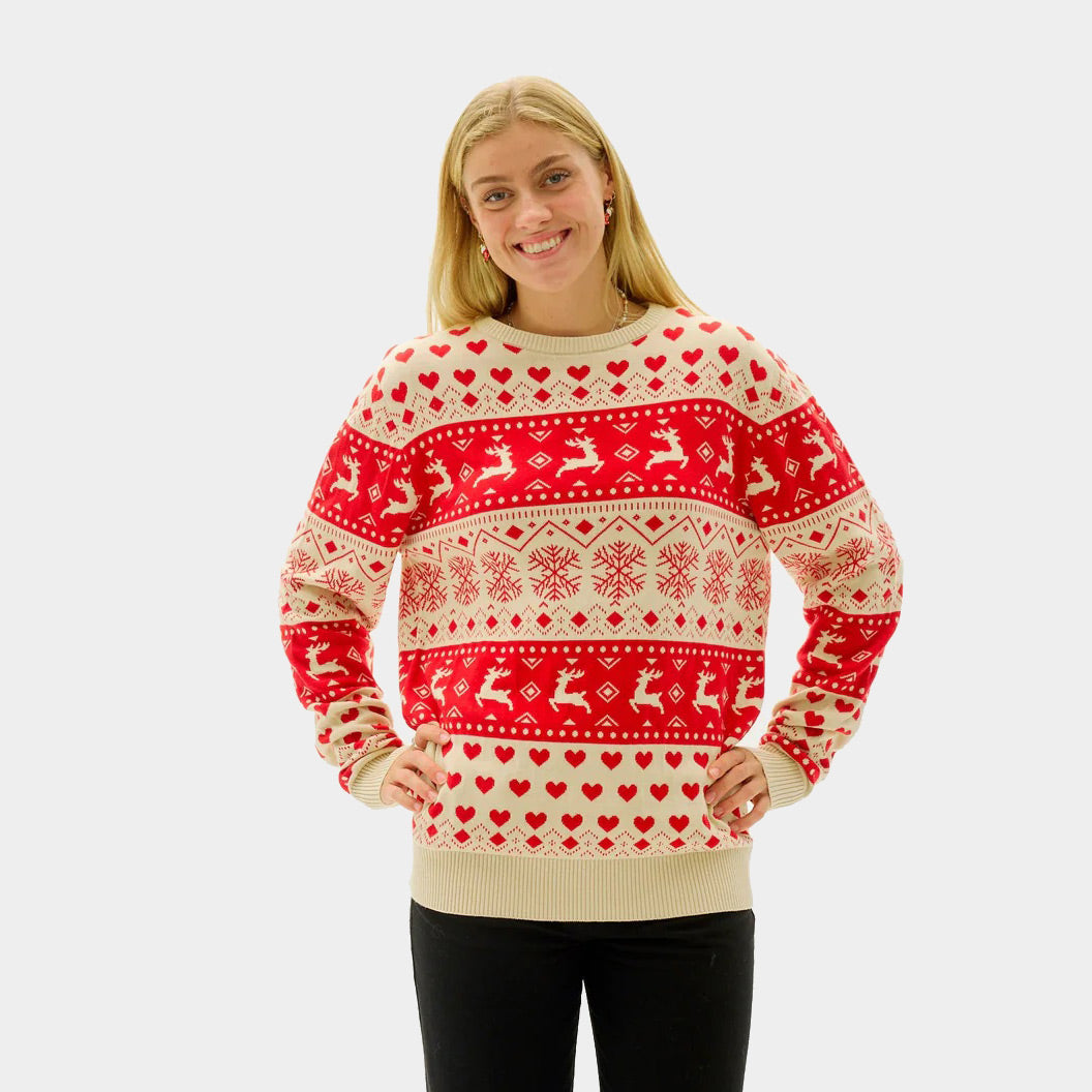 femme Pull de Noël pour Couple avec Cœurs Rouges et Beige Coton Bio