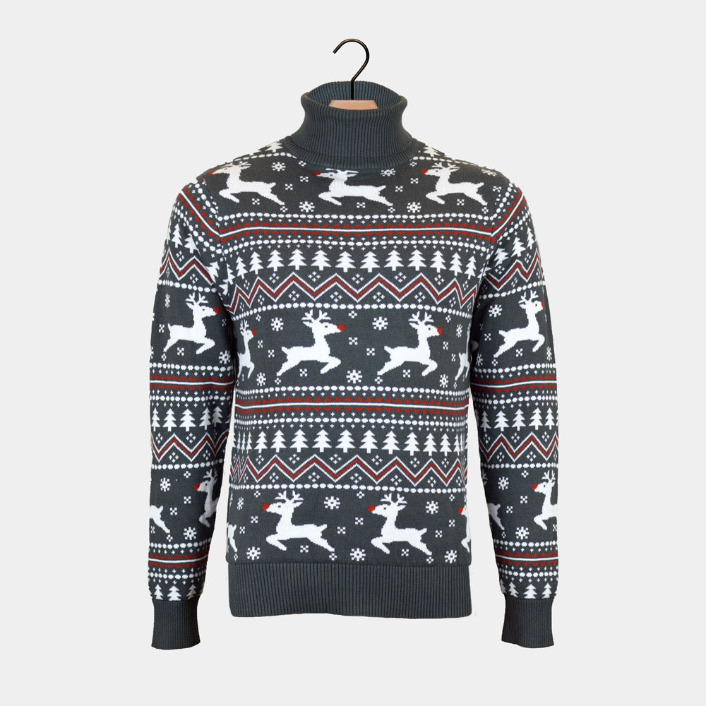Pull de Noël pour Couple à Col Roulé Rennes Coton Bio Gris 
