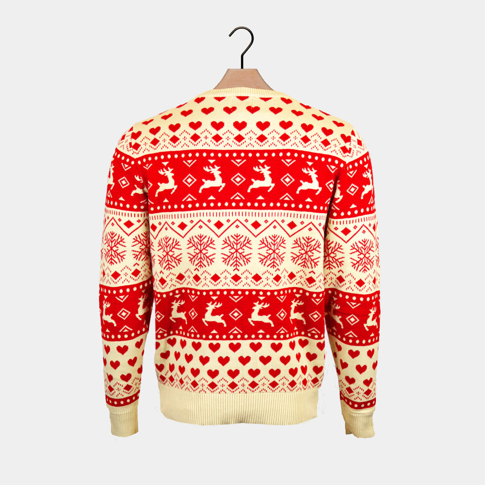 Pull de Noël pour Couple Coton Bio Cœurs Rouges et Beige 
