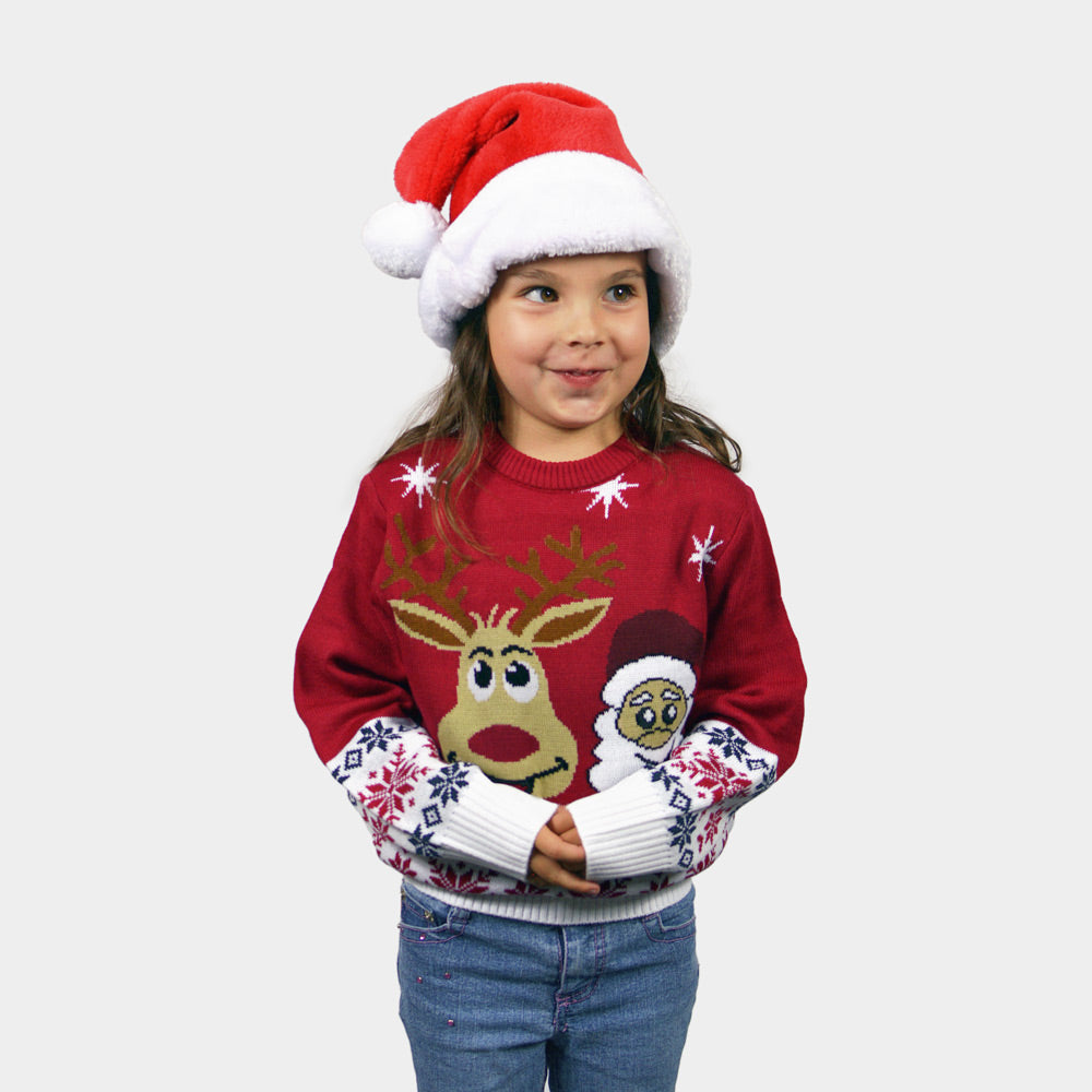 Pull de Noël Enfants Couple Pere Noël et Renne Souriants
