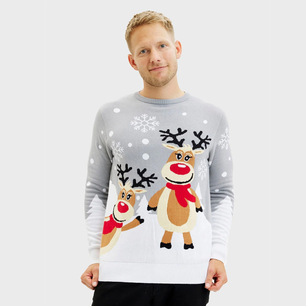 Pull de Noël pour Couple Gris avec Rennes Mignonnes homme