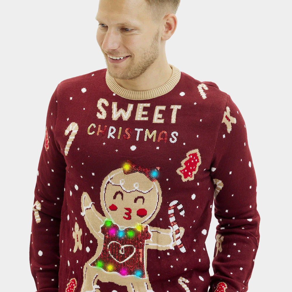 Pull de Noël pour Couple homme Lumineux LED Rouge Ginger Cookie
