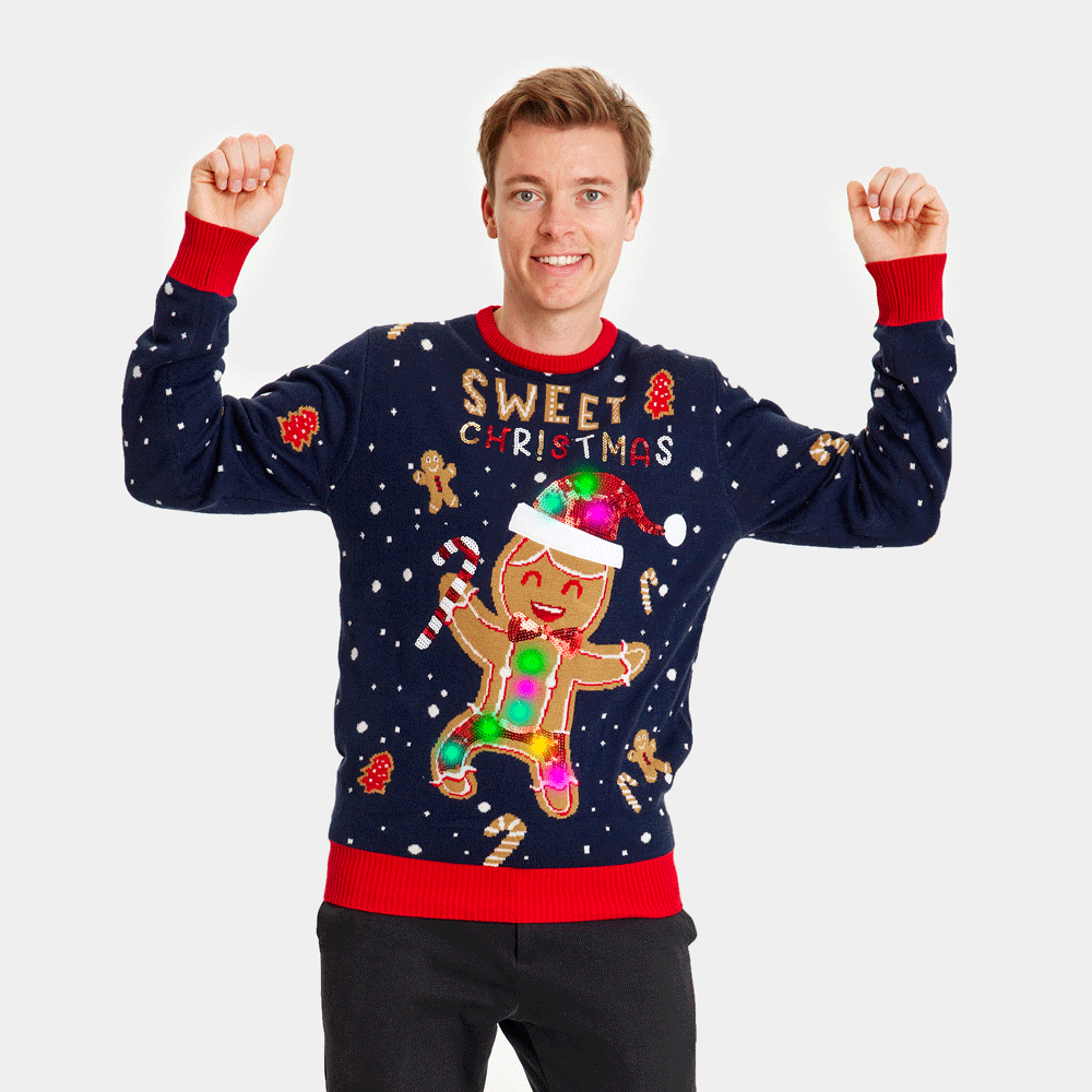 Pull de Noël pour Couple Lumineux LED Bleu Ginger Cookie homme