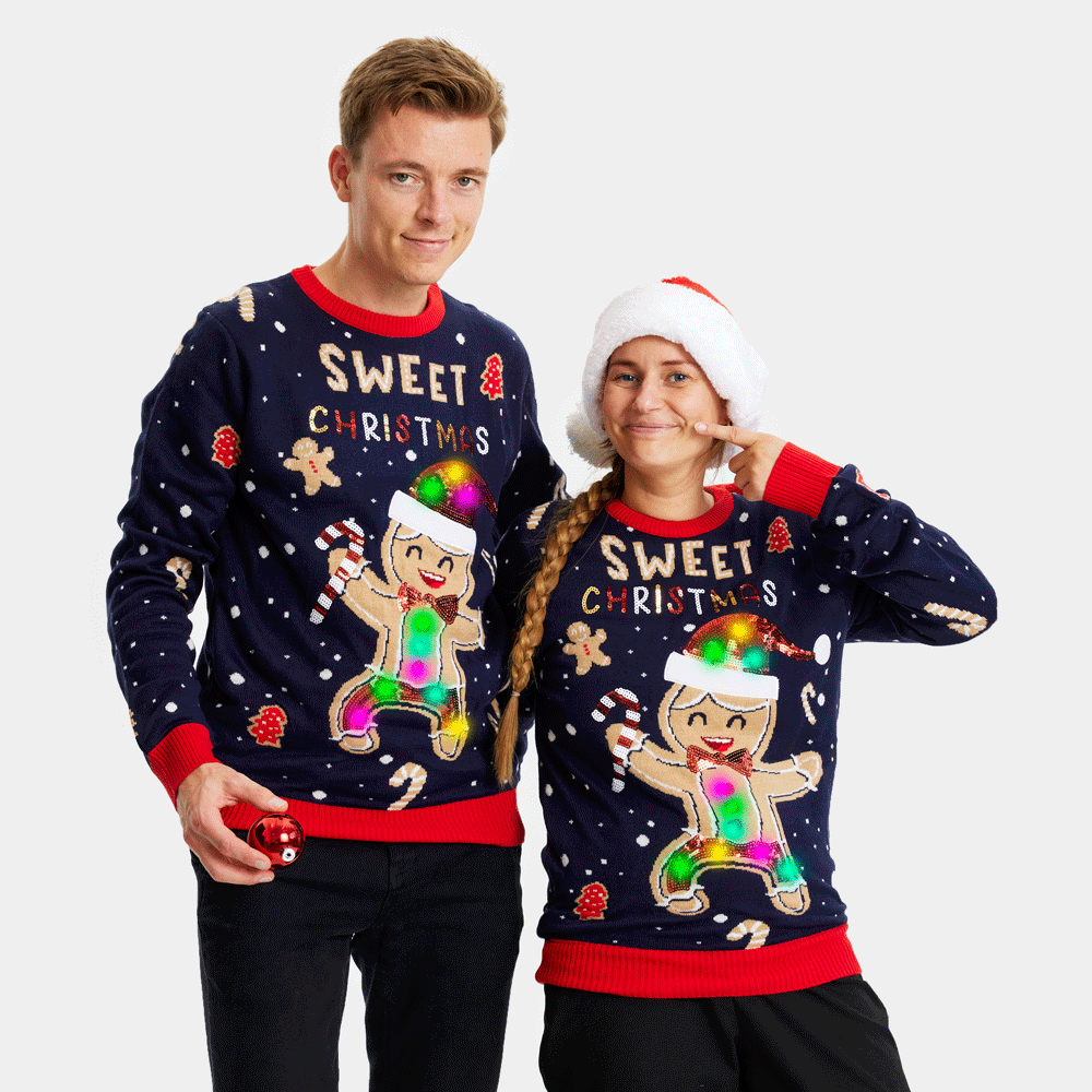 Pull de Noël pour Couple Lumineux LED Bleu Ginger Cookie