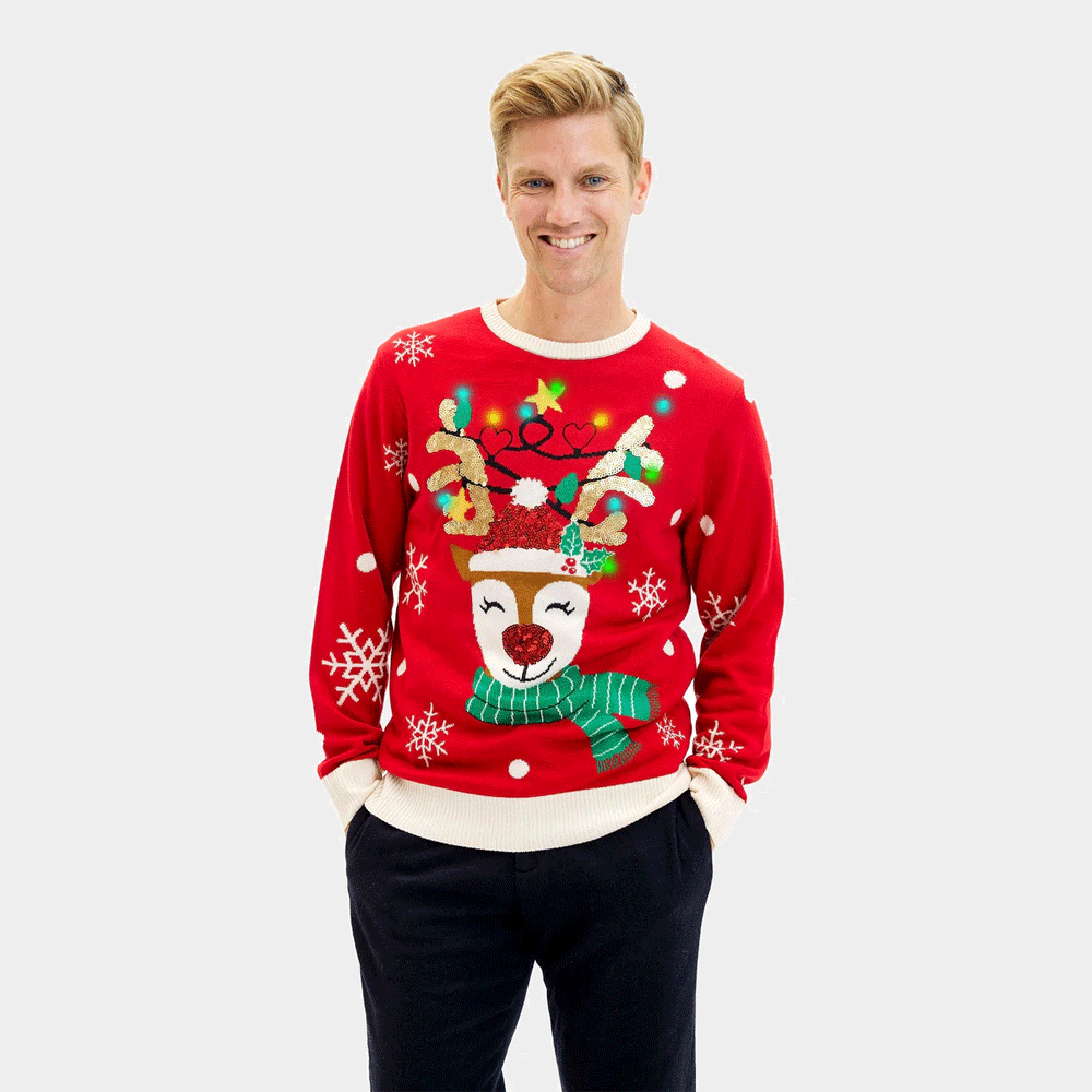 Pull de Noël pour Couple Lumineux LED Renne Brillant Paillettes Homme
