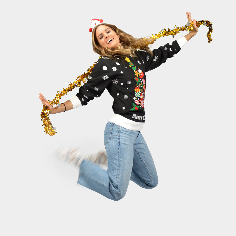Pull de Noël pour Couple Noire avec Sapin Femme Noël
