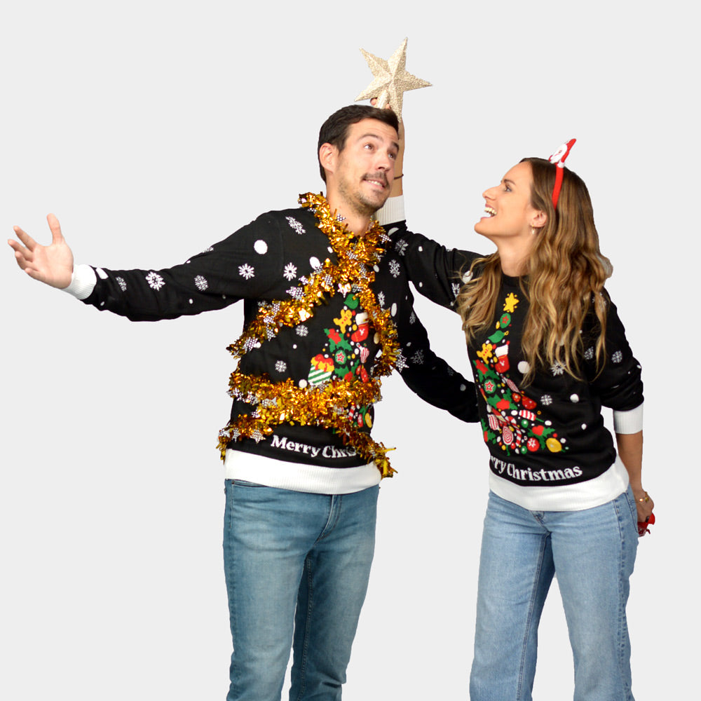 Pull de Noël pour Couple Noire avec Sapin de Noël
