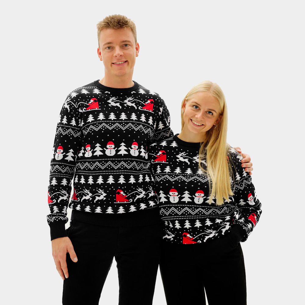 Pull de Noël Homme et Femme Noire Sapins, Bonhommes de Neige et Père Noël