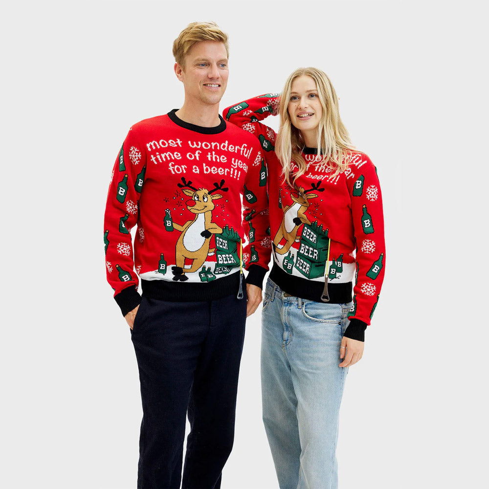 Pull de Noël Femme et Homme Couple Renne avec Ouvreur de Bière
