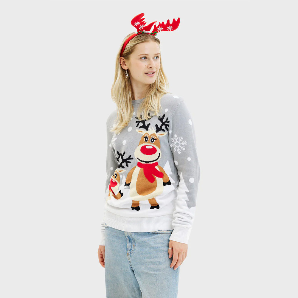 Pull de Noël pour Couple Gris Femme Rennes Mignonnes
