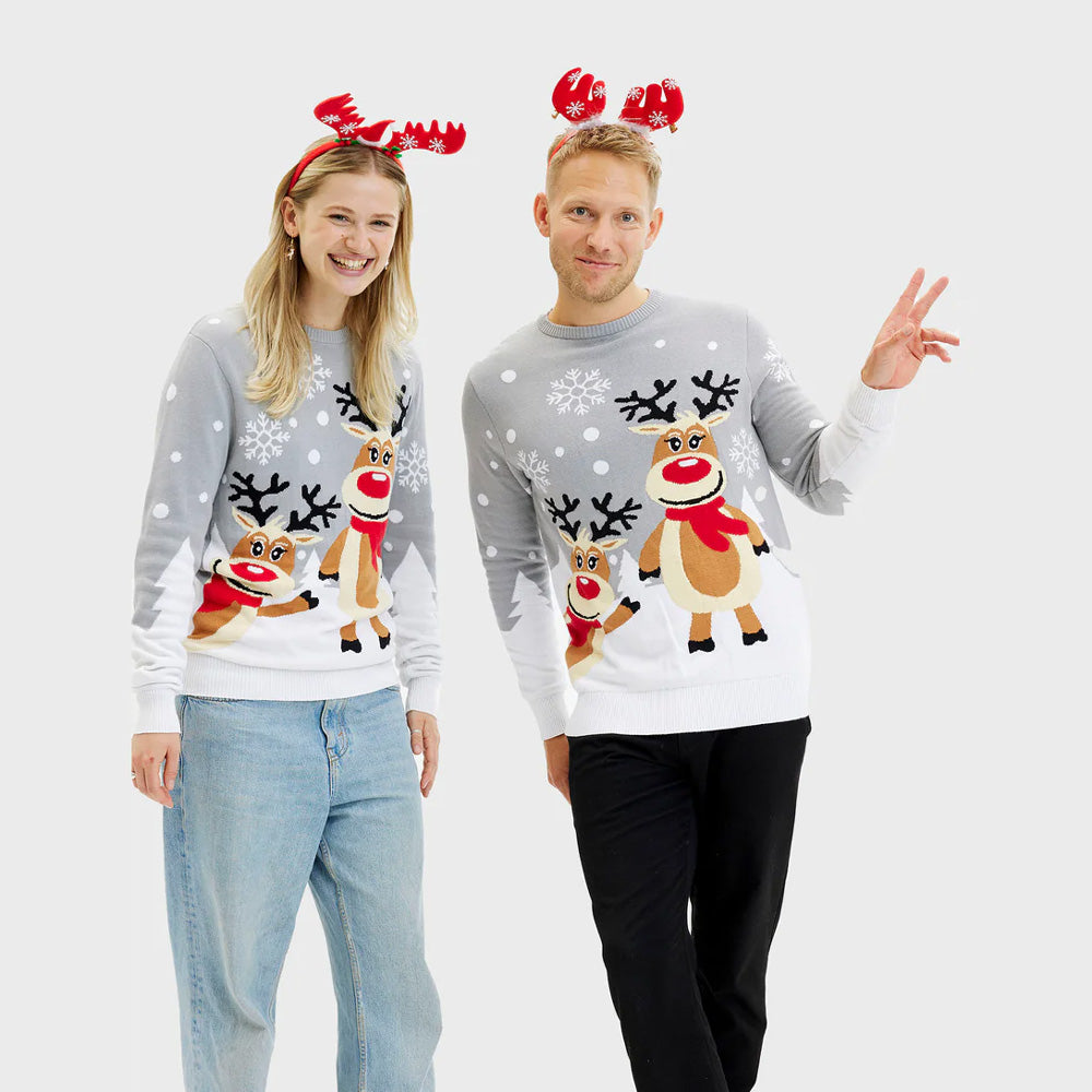 Pull de Noël Gris Couple avec Rennes Mignonnes
