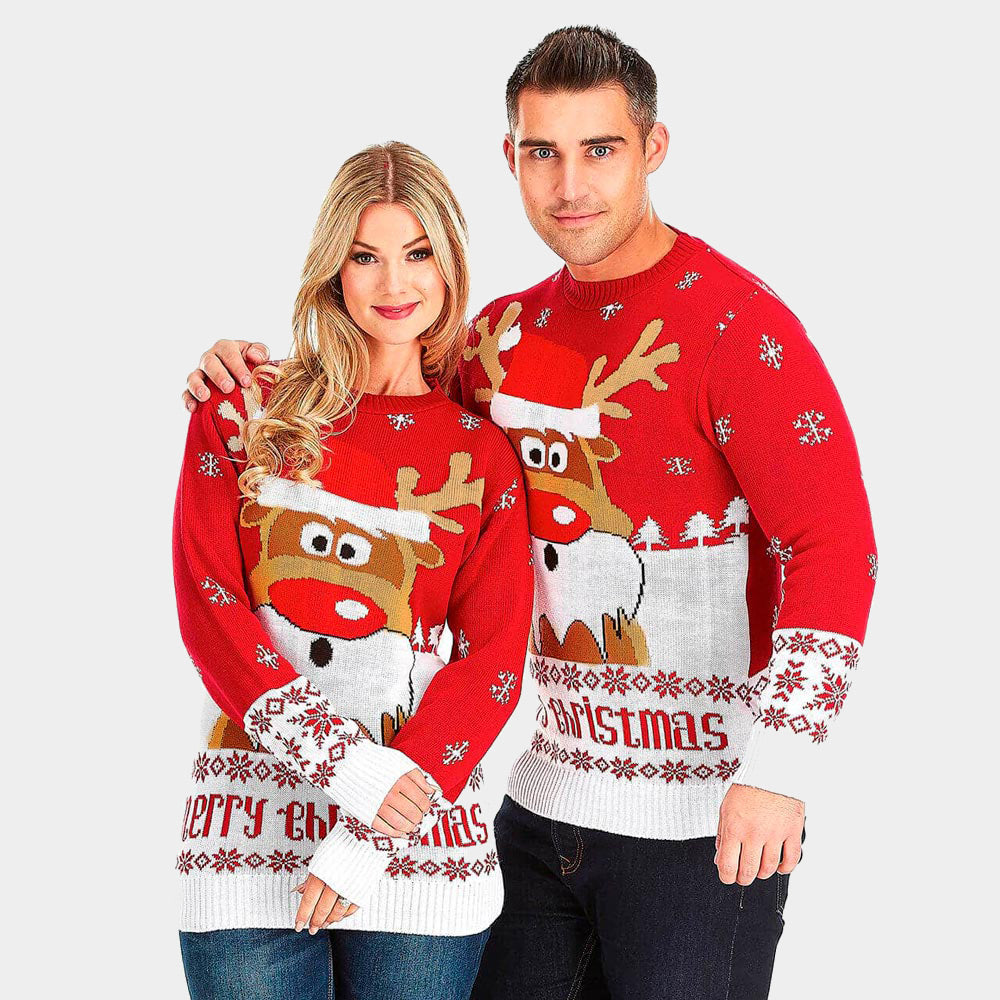 Pull de Noël pour Couple Rouge avec Rudolph le Renne