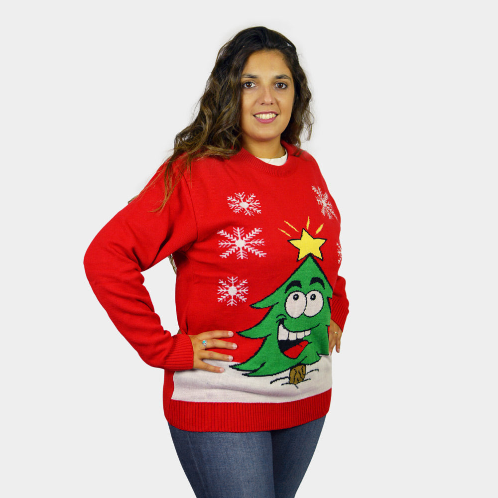 Pull de Noël pour Couple Rouge avec Sapin de Noël Souriant femme