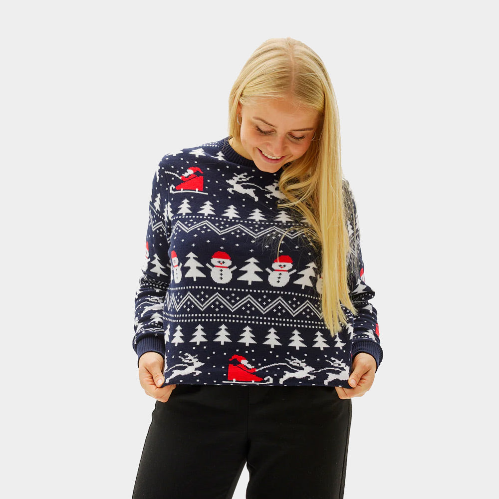 Pull de Noël pour Couple avec Sapins, Bonhommes de Neige et Père Noël Coton Bio femme