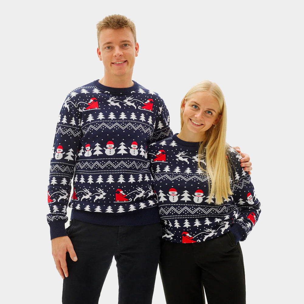 Pull de Noël pour Couple avec Sapins, Bonhommes de Neige et Père Noël