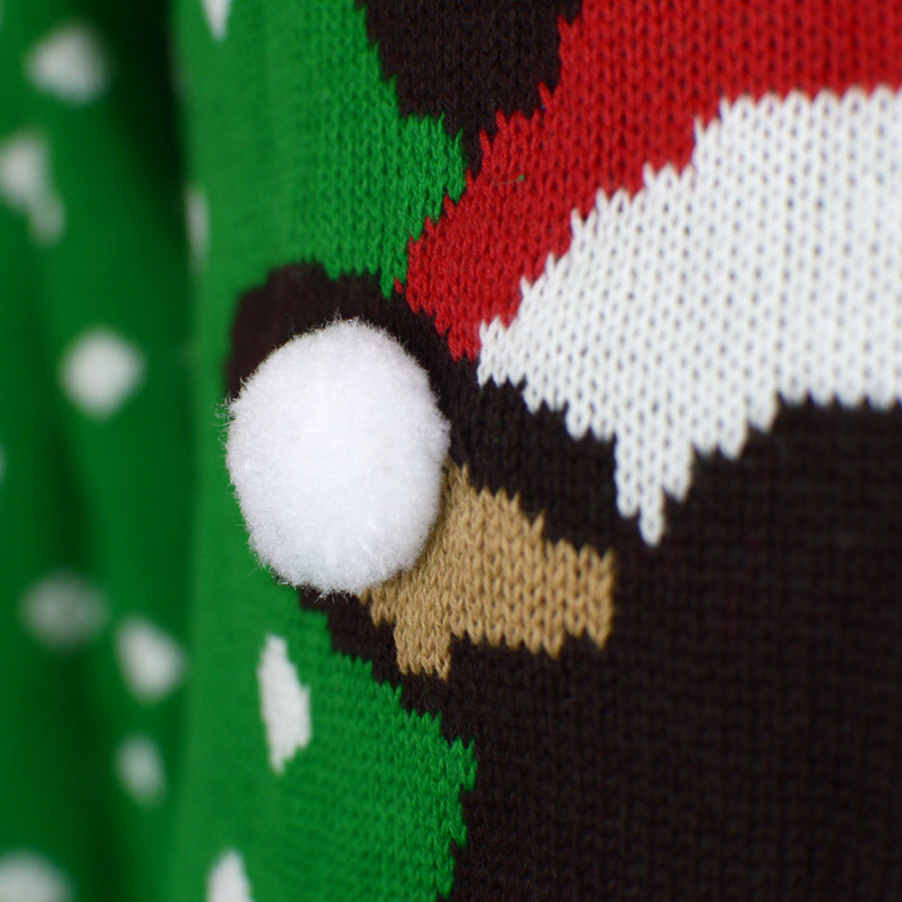 Pull de Noël pour Couple Vert Renne avec Bonnet de Noël 3D detail