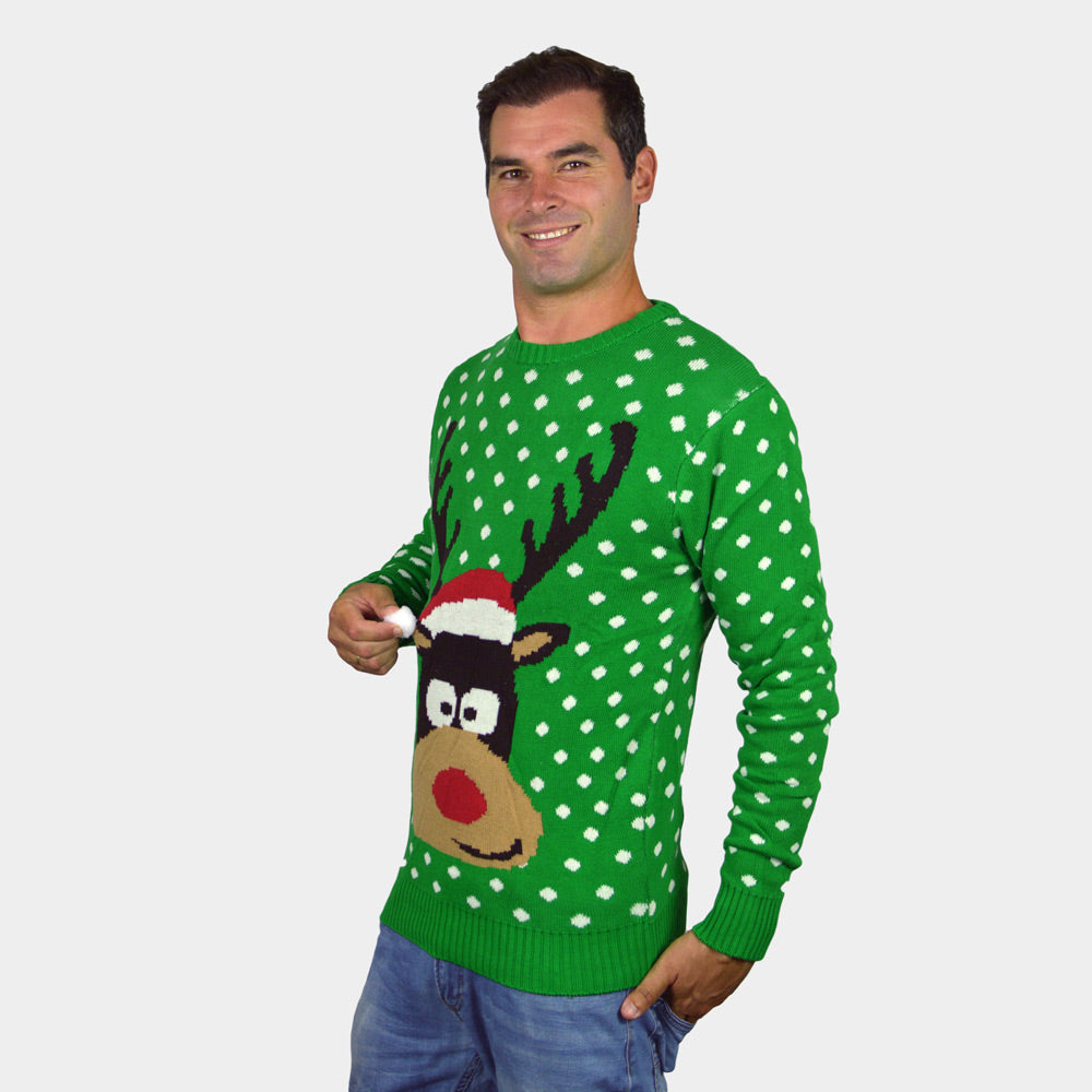 Pull de Noël pour Couple Vert Renne avec Bonnet de Noël 3D homme