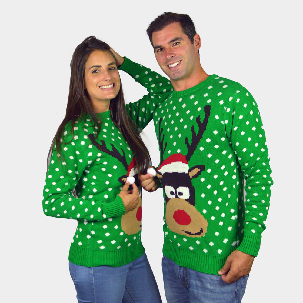 Pull de Noël pour Couple Vert Renne avec Bonnet de Noël 3D