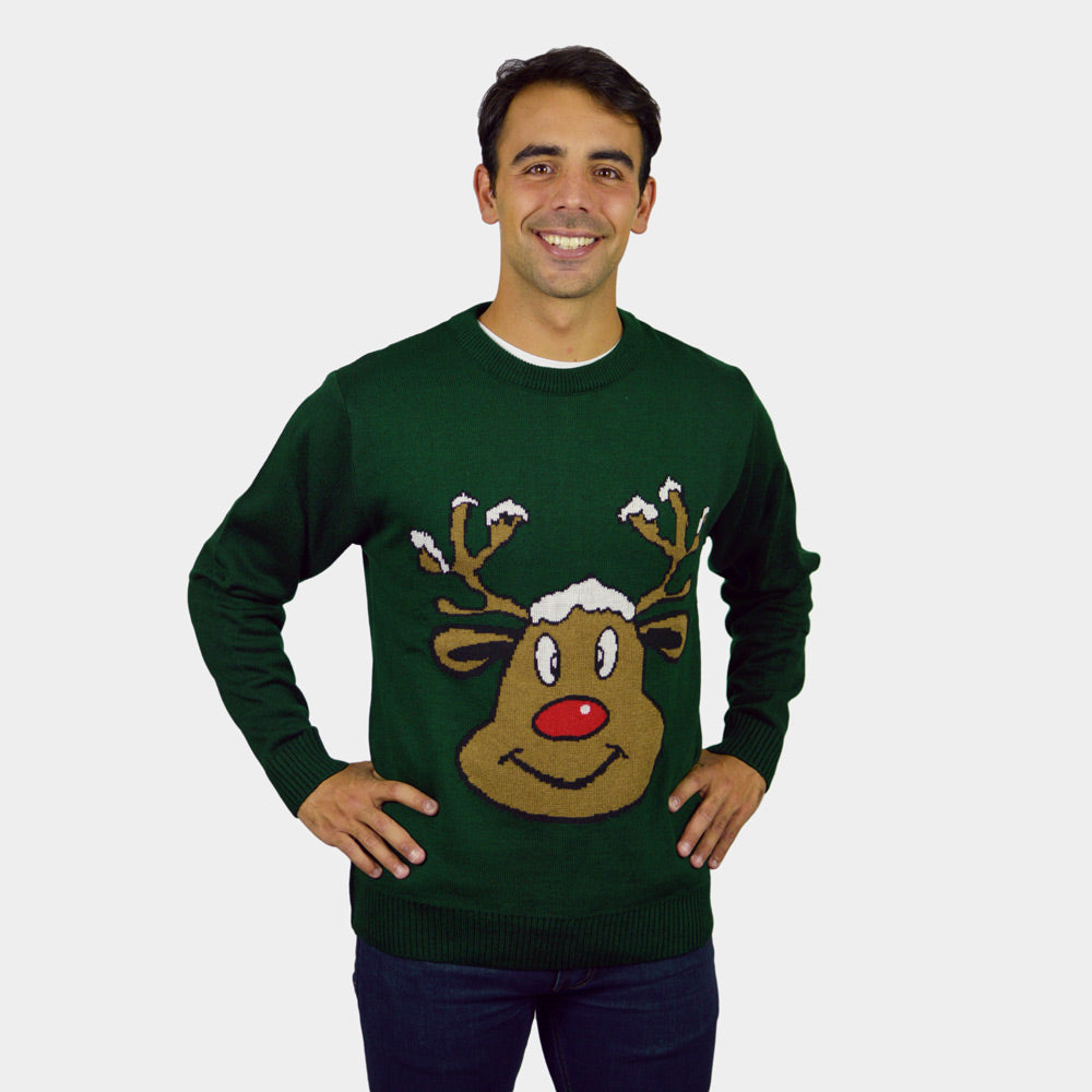 Pull de Noël pour Couple Vert avec Renne Souriant homme