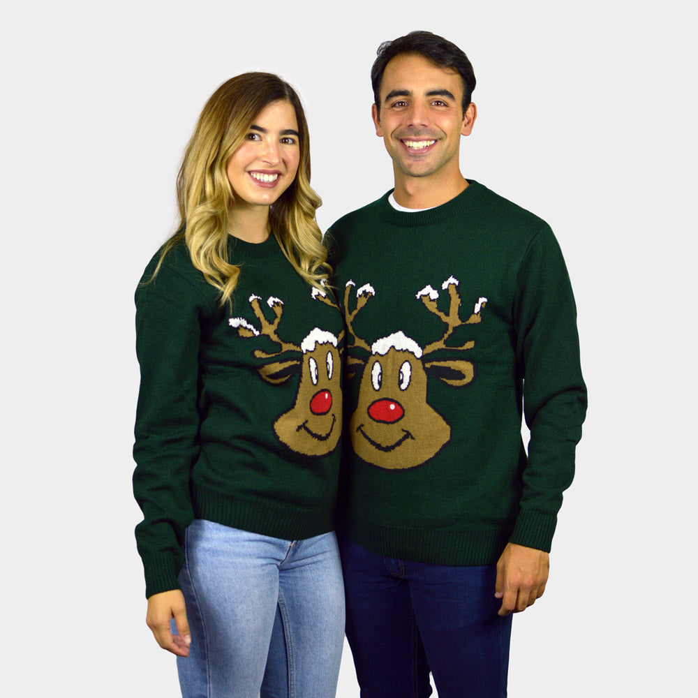 Pull de Noël pour Couple Vert avec Renne Souriant