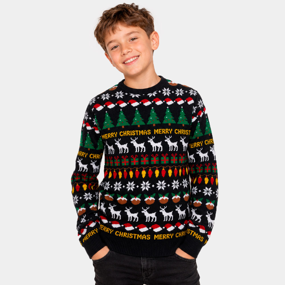 Pull de Noël pour Enfant Noir avec Sapins, Rennes et Cadeaux
