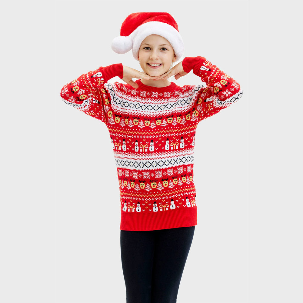 Pull de Noël Enfants Rouge Bonhommes de Neige et Sapins Coton Bio
